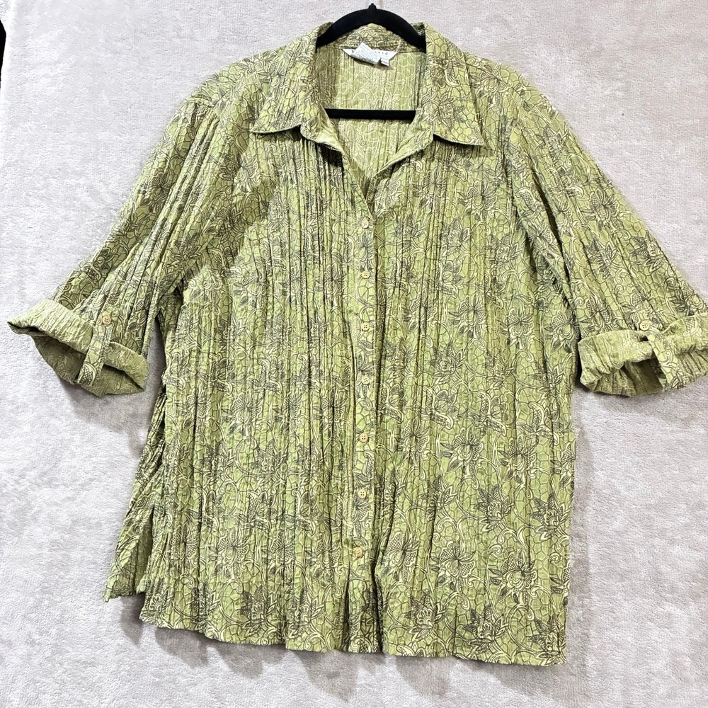 Fred David Forest Fairy Blouse 3X Crinkle Boho Earthy Roll Tab 3/4 Sleeve Granny